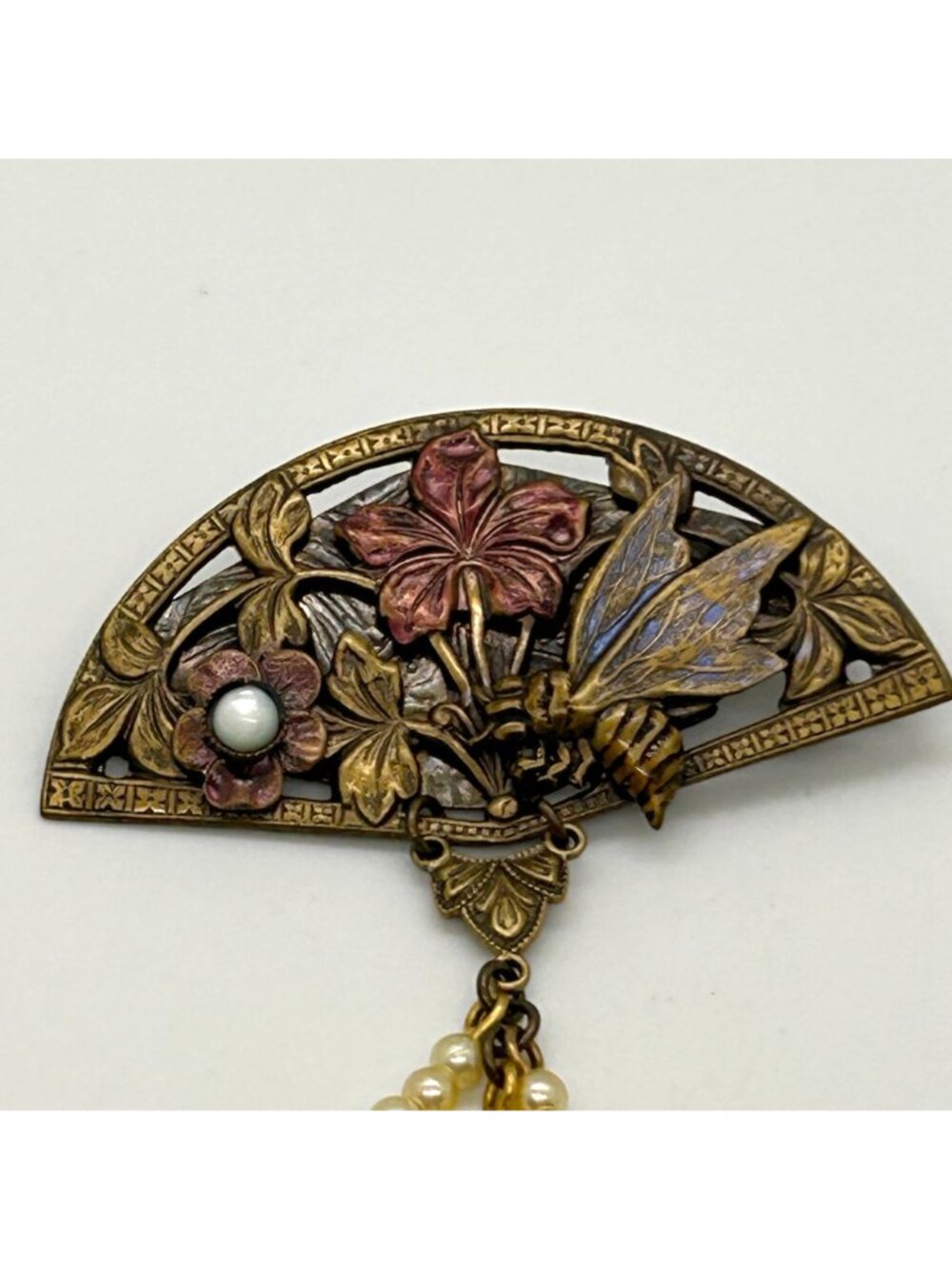 Vintage Art Nouveau Revival Brass Fan Brooch Enamel Bee Faux Pearl Dangles - Picture 2 of 13